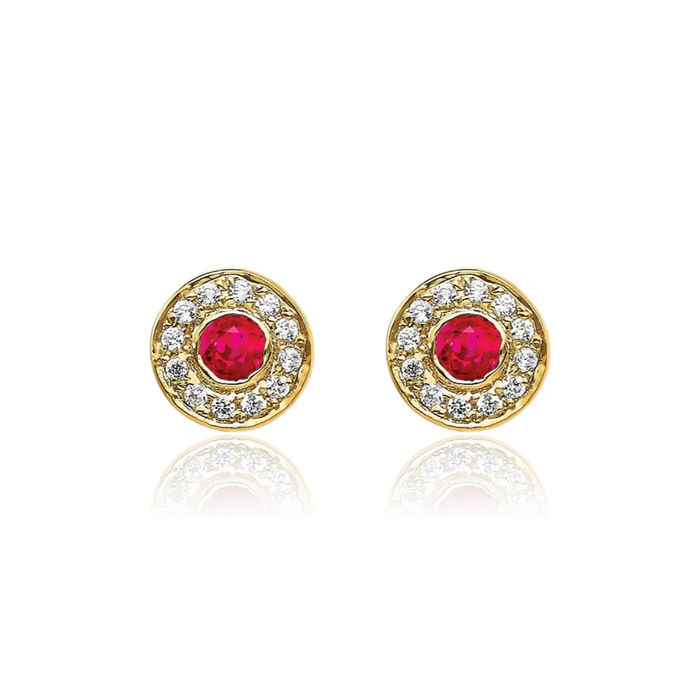 14K Solid Yellow Gold Diamond Red Ruby Halo Round Stud Earrings July Birthstone Jewelry