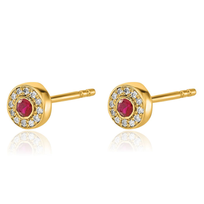 14K Solid Yellow Gold Diamond Red Ruby Halo Round Stud Earrings July Birthstone Jewelry