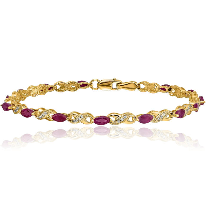 14K Solid Yellow Gold Diamond Red Ruby Infinity Twisted Love Knot Symbol Chain Bracelet