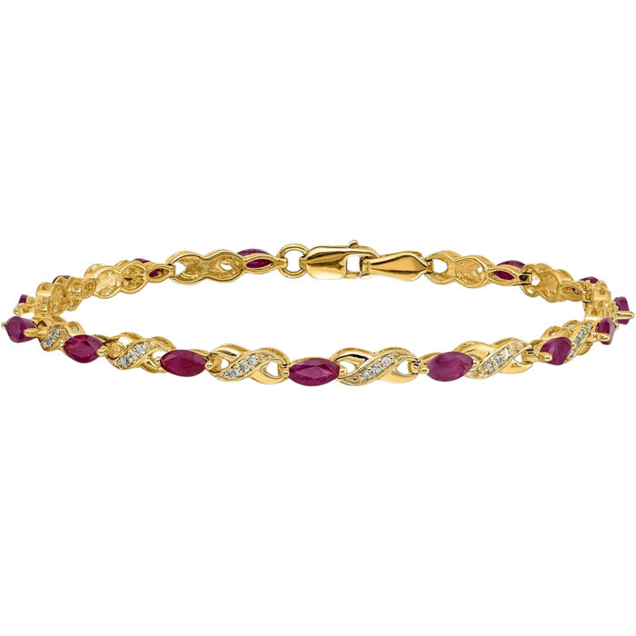 14K Solid Yellow Gold Diamond Red Ruby Infinity Twisted Love Knot Symbol Chain Bracelet