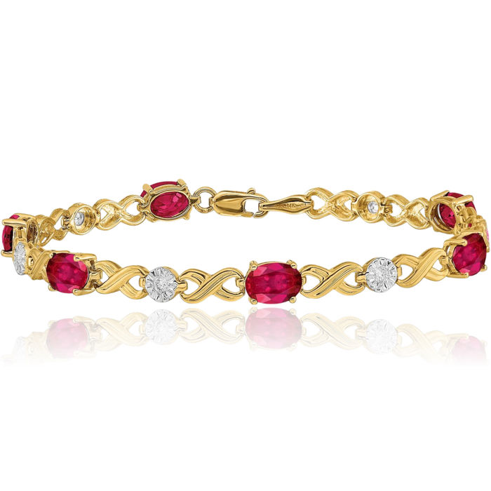 14K Solid Yellow Gold Diamond Red Ruby Infinity Twisted Love Knot Symbol Chain Bracelet