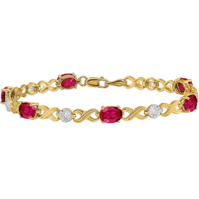 14K Solid Yellow Gold Diamond Red Ruby Infinity Twisted Love Knot Symbol Chain Bracelet