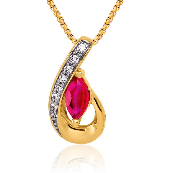 14K Solid Yellow Gold Diamond Red Ruby Teardrop Floating Chain Slide Gemstone Pendant Necklace Charm