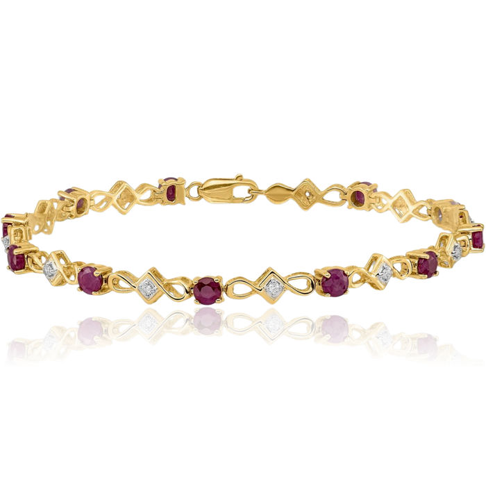 14K Solid Yellow Gold Diamond Red Ruby Chain Gemstone Tennis Bracelet