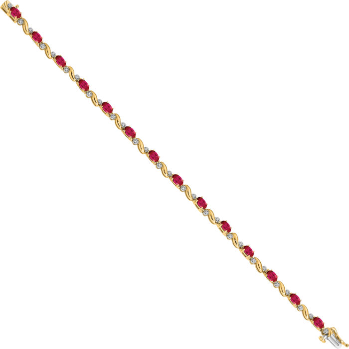14K Solid Yellow Gold Diamond Red Ruby Chain Gemstone Tennis Bracelet