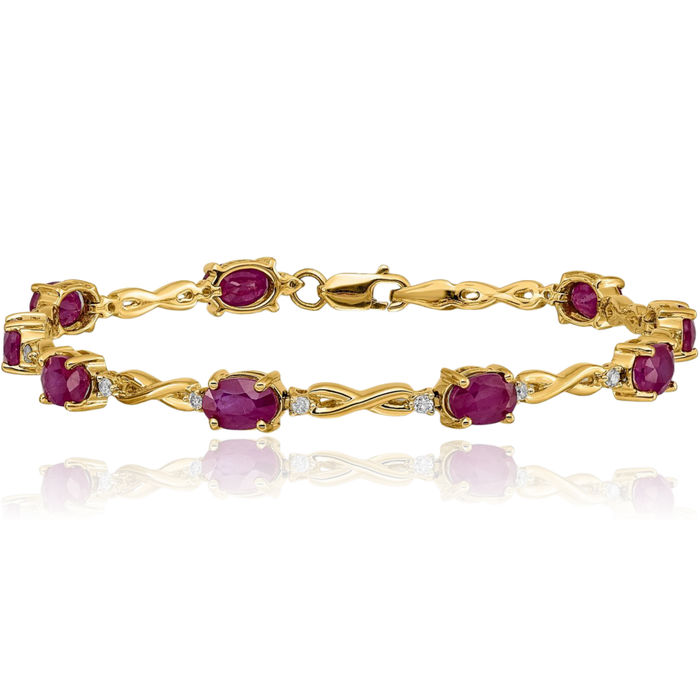 14K Solid Yellow Gold Diamond Red Ruby Chain Gemstone Tennis Bracelet