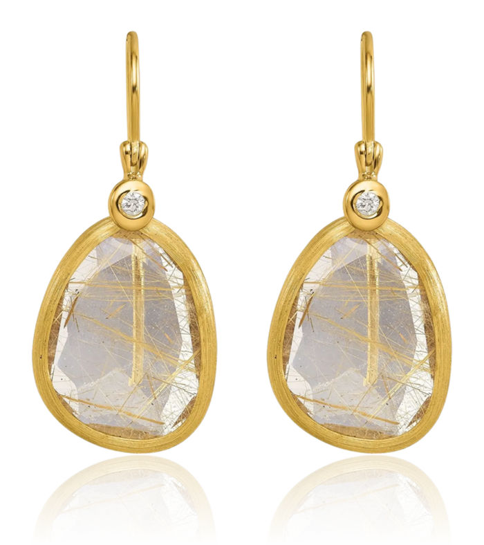 14K Solid Yellow Gold Diamond Rutilated Quartz Shephard Hook Drop Dangle Earrings