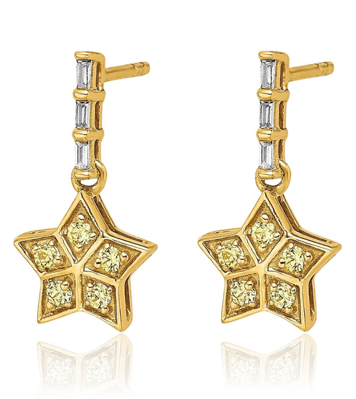 14K Solid Yellow Gold Diamond Sapphire Star Drop Dangle Earrings