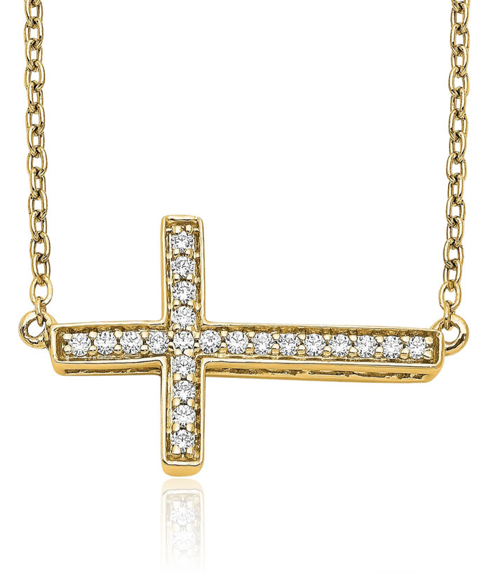 14K Solid Yellow Gold Diamond Sideways Holy Cross Necklace Chain