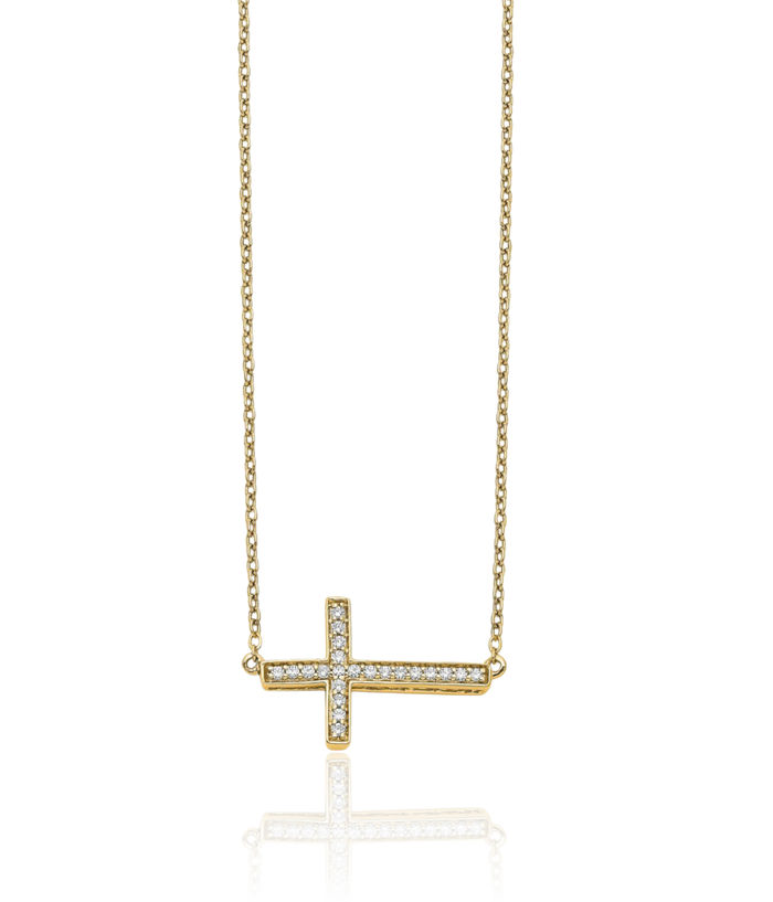 14K Solid Yellow Gold Diamond Sideways Holy Cross Necklace Chain