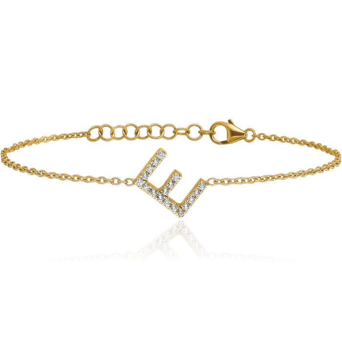 14K Solid Yellow Gold Diamond Sideways Letter E Tennis Bracelet