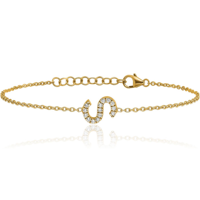 14K Solid Yellow Gold Diamond Sideways Letter S Tennis Bracelet