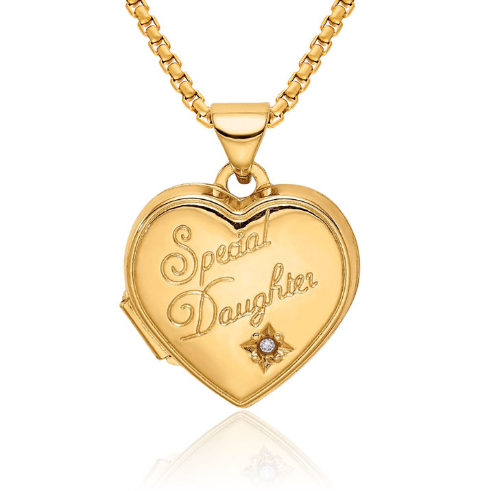 14K Solid Yellow Gold Diamond Special Daughter Heart Personalized Photo Locket Necklace Picture Pendant Charm