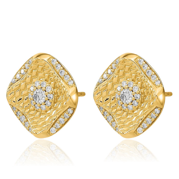 14K Solid Yellow Gold Diamond Square Weave Stud Earrings