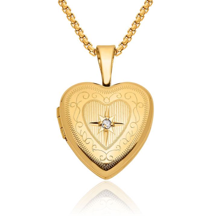 14K Solid Yellow Gold Diamond Star Heart Personalized Photo Locket Necklace Picture Pendant Charm