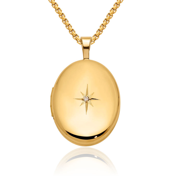 14K Solid Yellow Gold Diamond Star Oval Personalized Photo Locket Necklace Picture Pendant Charm