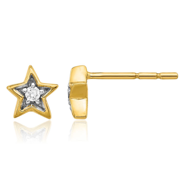 14K Solid Yellow Gold Diamond Star Stud Earrings