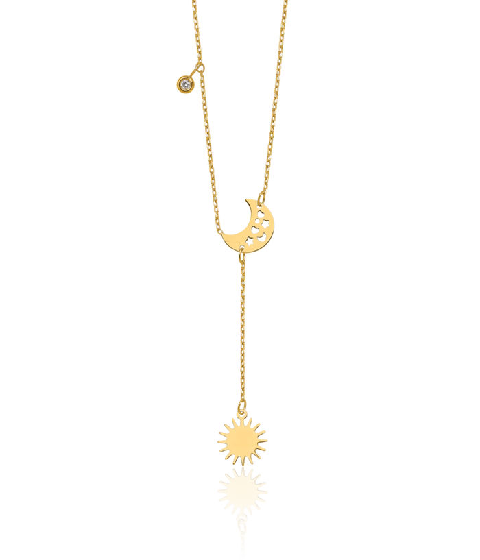 14K Solid Yellow Gold Diamond Sun Moon Y Drop Necklace Chain Celestial Jewelry