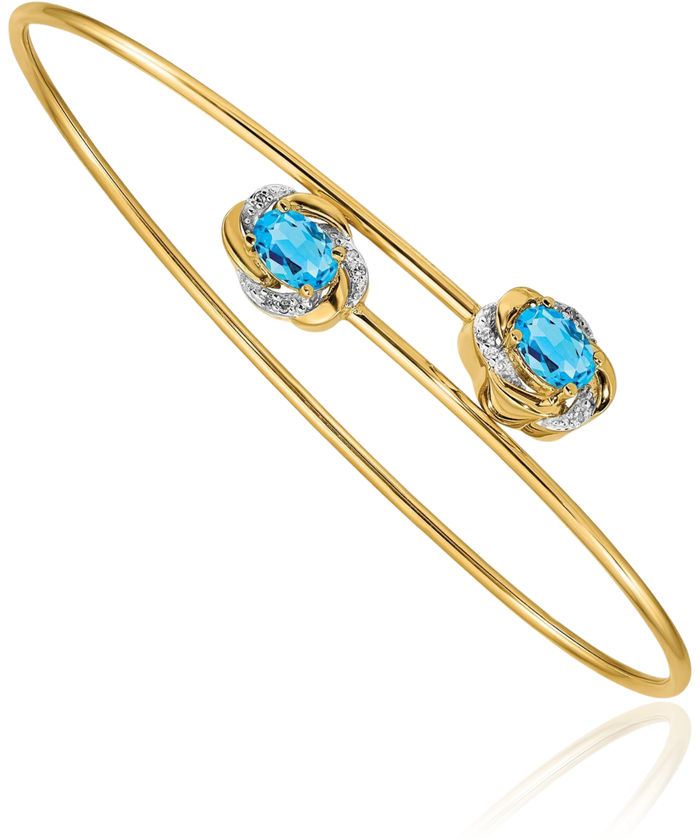 14K Solid Yellow Gold Diamond Swiss Blue Topaz Flexible Bangle Bracelet