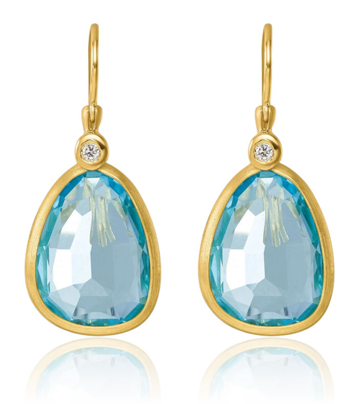 14K Solid Yellow Gold Diamond Swiss Blue Topaz Shephard Hook Drop Dangle Earrings