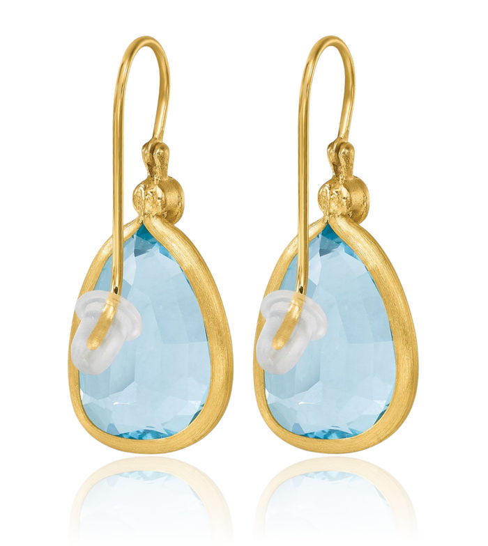 14K Solid Yellow Gold Diamond Swiss Blue Topaz Shephard Hook Drop Dangle Earrings