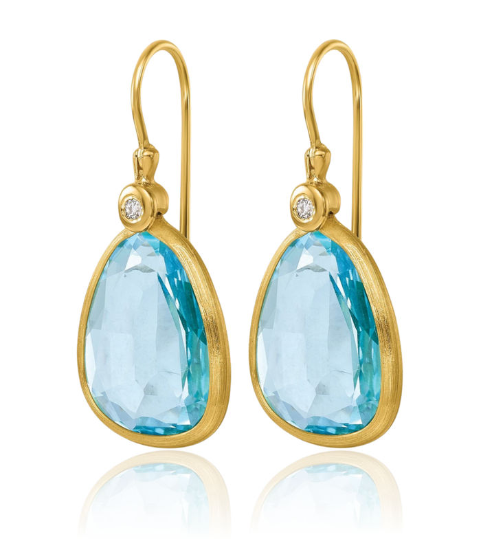 14K Solid Yellow Gold Diamond Swiss Blue Topaz Shephard Hook Drop Dangle Earrings