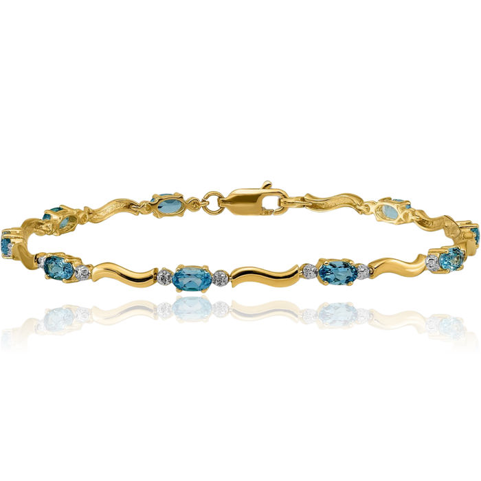 14K Solid Yellow Gold Diamond Swiss Blue Topaz Chain Gemstone Tennis Bracelet