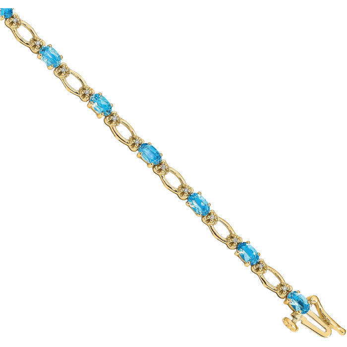 14K Solid Yellow Gold Diamond Swiss Blue Topaz Chain Gemstone Tennis Bracelet