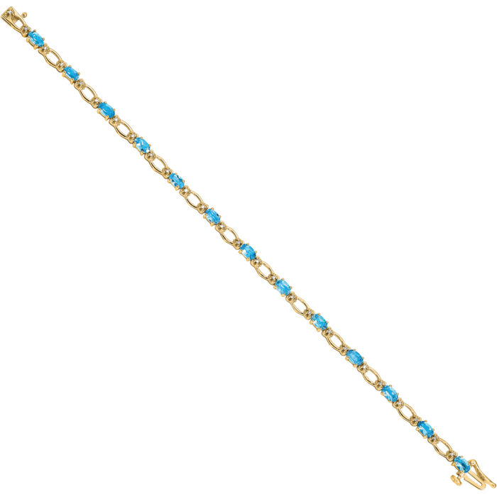 14K Solid Yellow Gold Diamond Swiss Blue Topaz Chain Gemstone Tennis Bracelet
