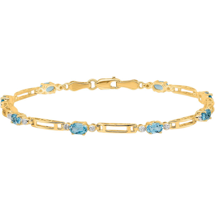 14K Solid Yellow Gold Diamond Swiss Blue Topaz Chain Gemstone Tennis Bracelet