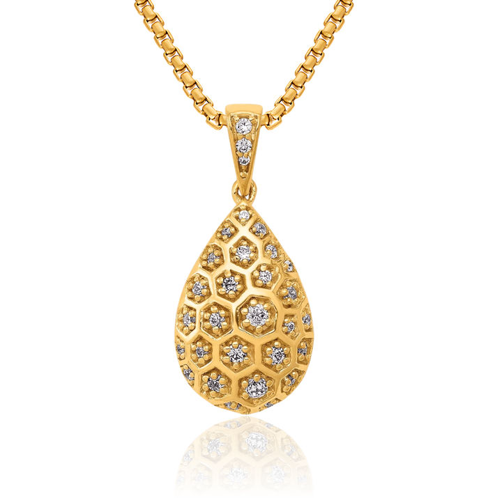 14K Solid Yellow Gold Diamond Teardrop Honeycomb Floating Chain Slide Pendant Necklace Pear Charm