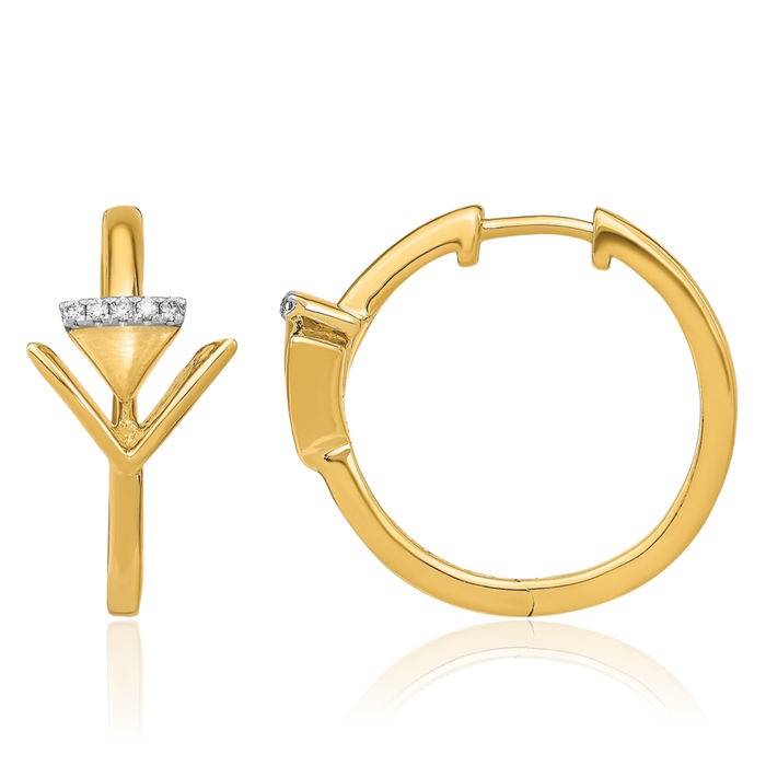 14K Solid Yellow Gold Diamond Triangle Small Hoop Earrings