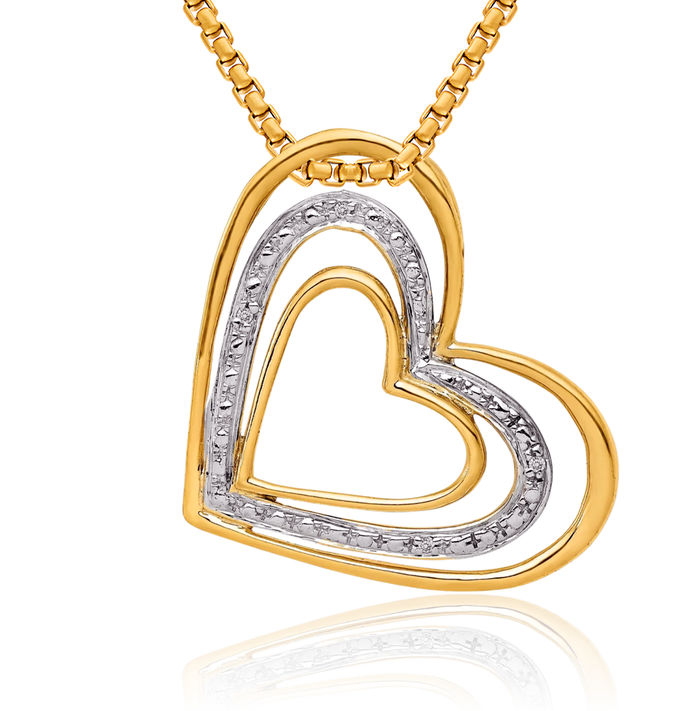 14K Solid Yellow Gold Diamond Triple Heart Floating Chain Slide Pendant Necklace Charm