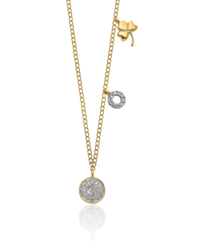 14K Solid Yellow Gold Diamond Two Circle Round Geometric Lucky Clover Leaf Shamrock Flower Necklace Chain