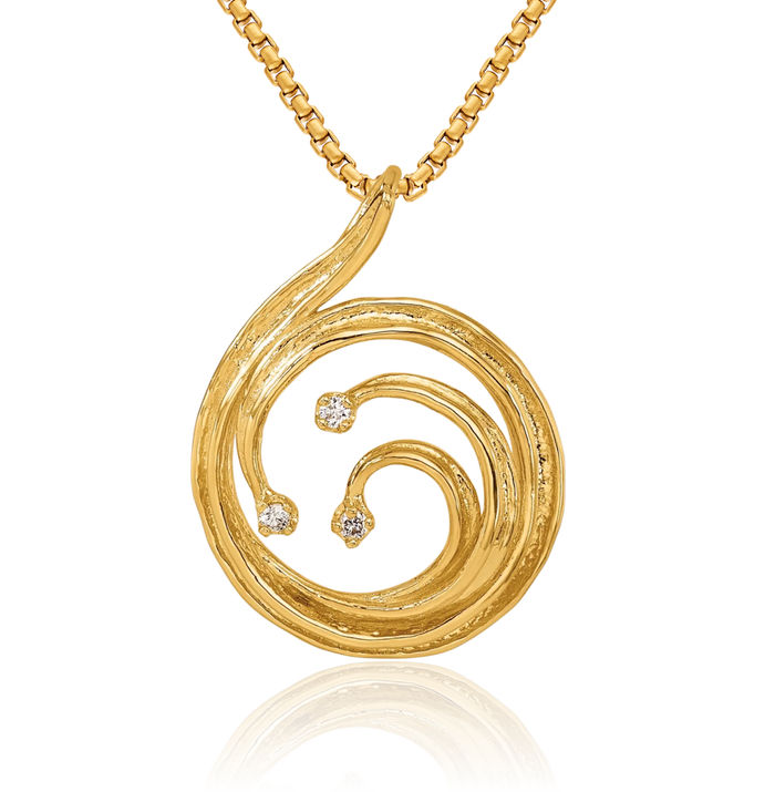 14K Solid Yellow Gold Diamond Wave Circle Round Floating Chain Slide Pendant Necklace Charm