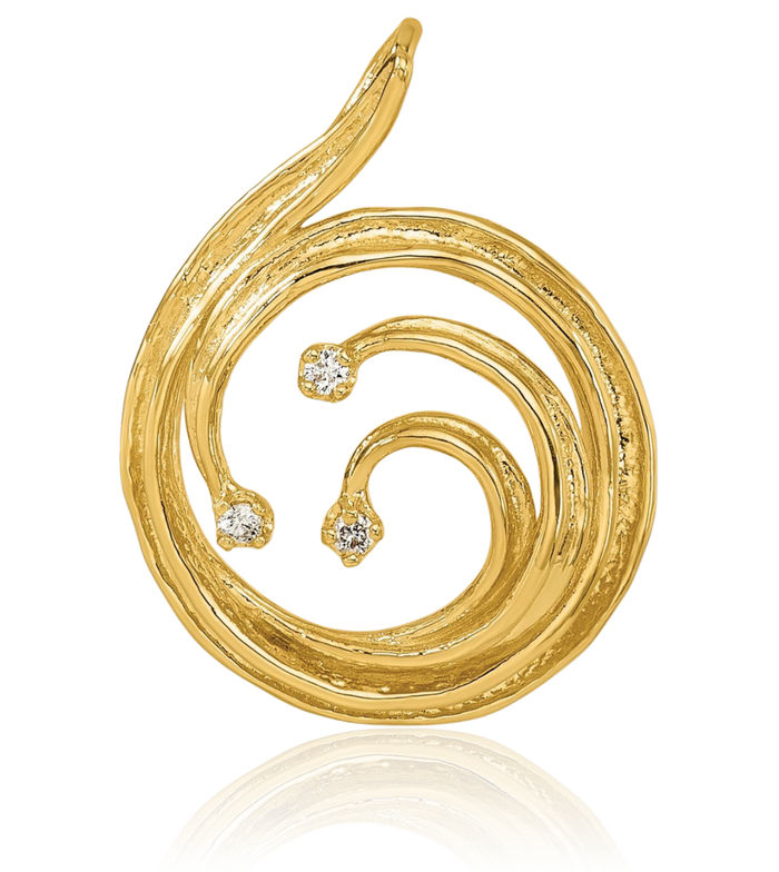 14K Solid Yellow Gold Diamond Wave Circle Round Floating Chain Slide Pendant Necklace Charm