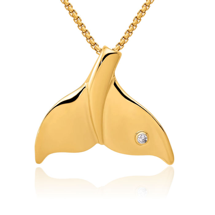 14K Solid Yellow Gold Diamond Whale Tail Fish Mermaid Slide Chain Necklace Pendant Charm