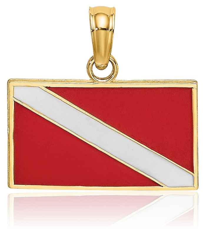 14K Solid Yellow Gold Dive Flag Red White Necklace Chain Pendant Charm