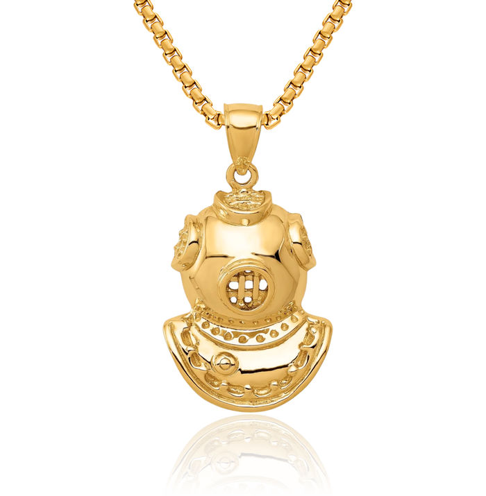 14K Solid Yellow Gold Divers Helmet Necklace Chain Pendant Charm