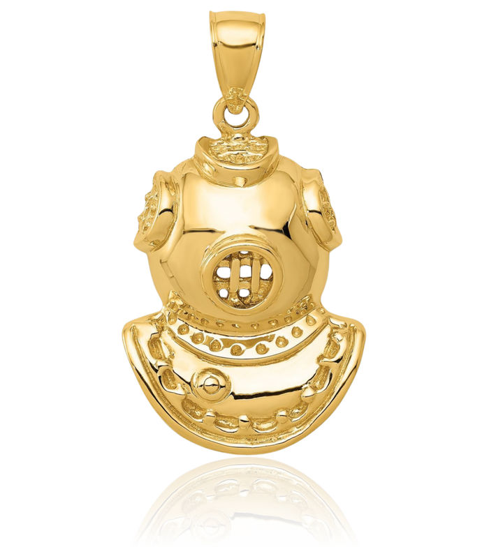 14K Solid Yellow Gold Divers Helmet Necklace Chain Pendant Charm