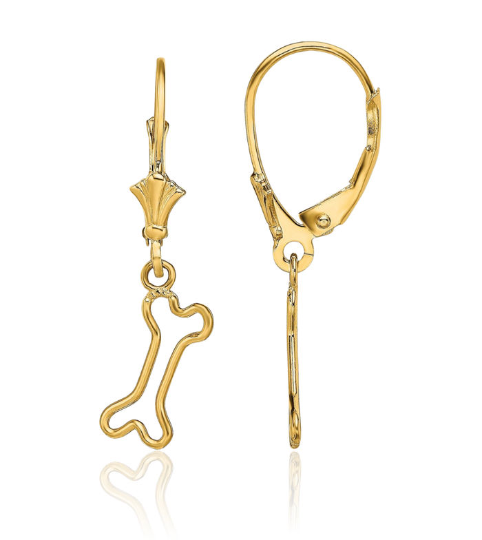 14K Solid Yellow Gold Dog Bone Drop Dangle Earrings