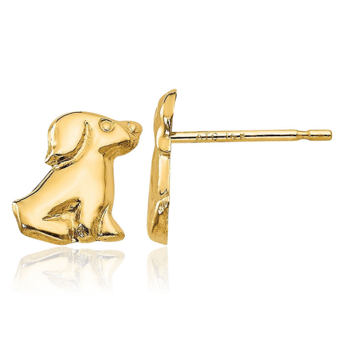 14K Solid Yellow Gold Dog Stud Earrings