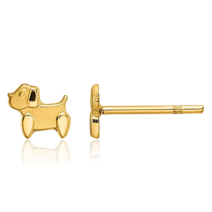 14K Solid Yellow Gold Dog Stud Earrings