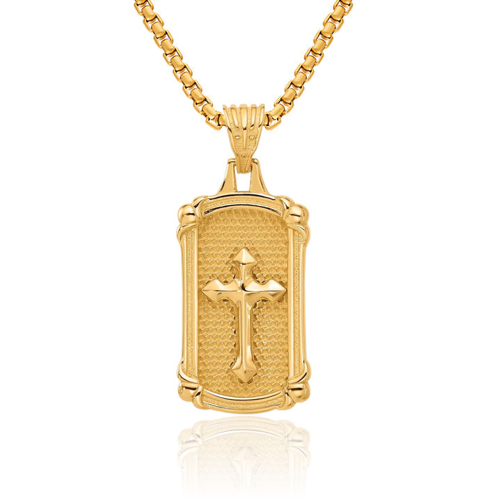 14K Solid Yellow Gold Dog Tag Holy Cross Necklace Religious Chain Pendant Jesus Christ Charm