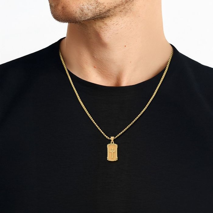 14K Solid Yellow Gold Dog Tag Holy Cross Necklace Religious Chain Pendant Jesus Christ Charm