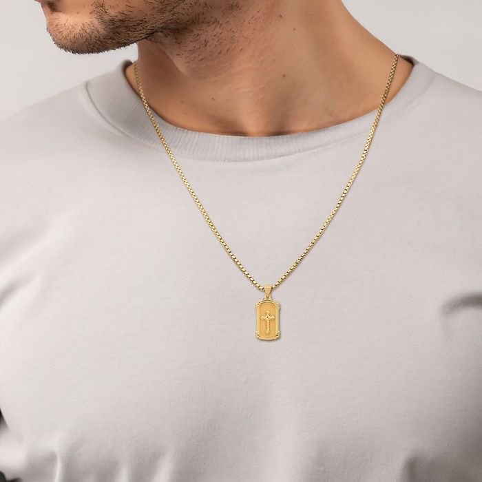 14K Solid Yellow Gold Dog Tag Holy Cross Necklace Religious Chain Pendant Jesus Christ Charm