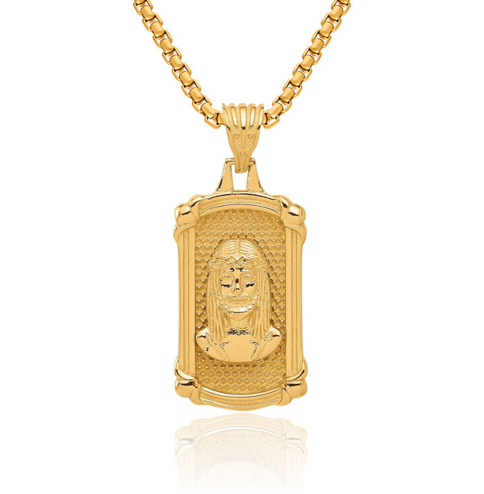 14K Solid Yellow Gold Dog Tag Jesus Christ Head Face Medal Necklace Religious Chain Pendant Christian Faith Charm