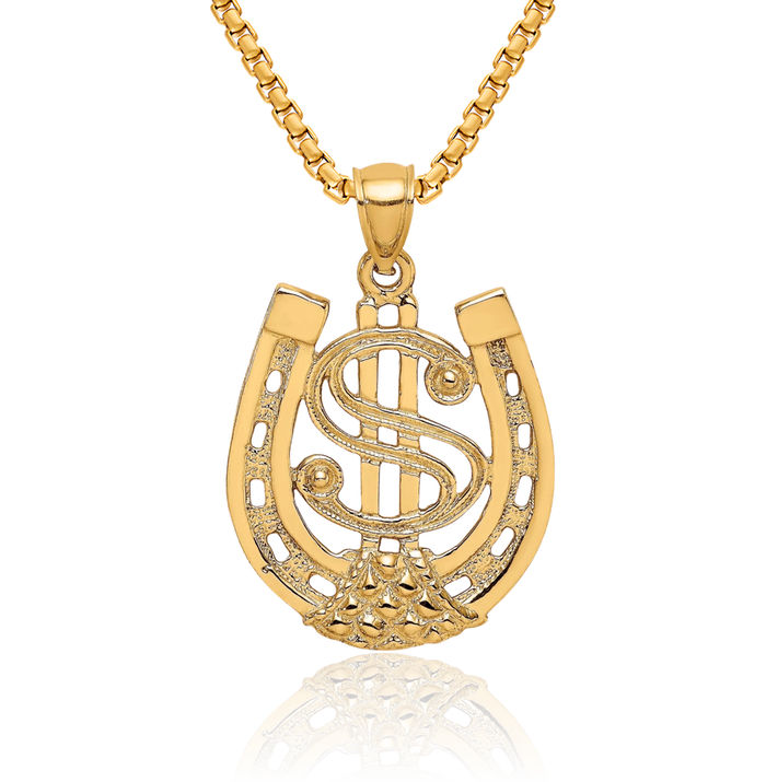 14K Solid Yellow Gold Dollar Sign Lucky Horseshoe Necklace Animal Lover Pendant Equestrian Charm