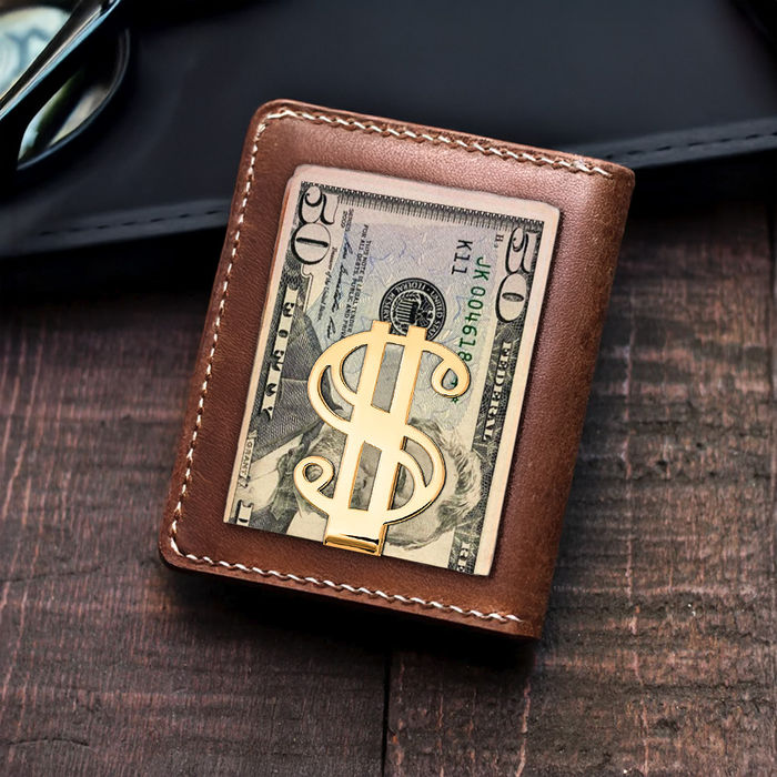14K Solid Yellow Gold Dollar Sign Money Clip for Men