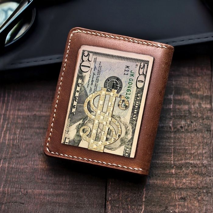 14K Solid Yellow Gold Dollar Sign Money Clip for Men